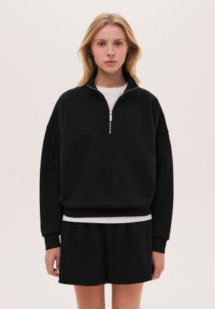 Свитшот-поло трикотажный оверсайз с молнией черный